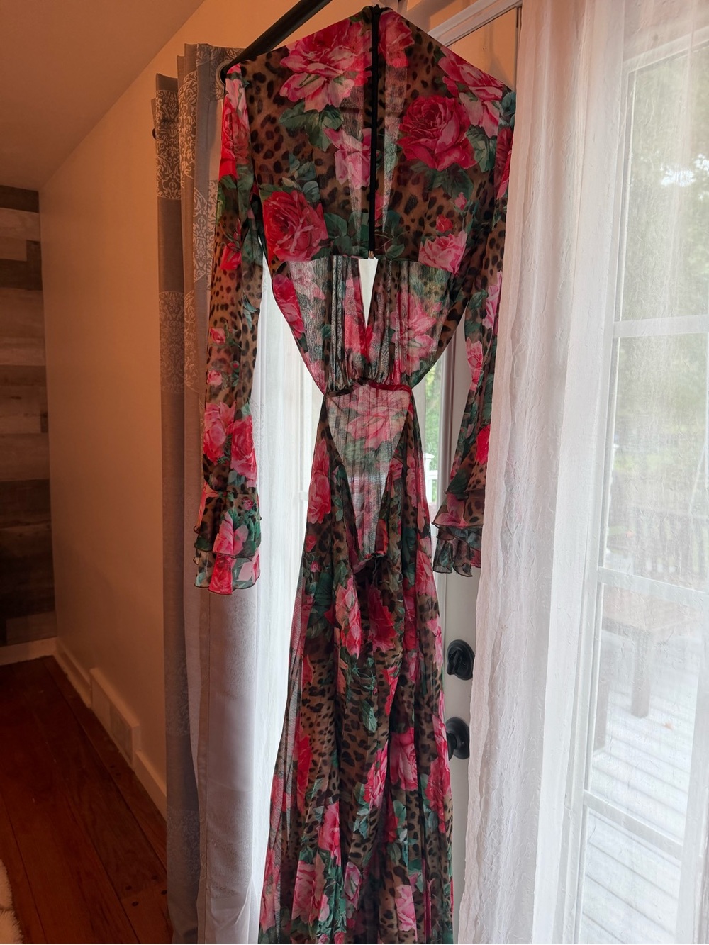 Sheer Floral Maxi Dress with Ruffle Sleeves - Pink Floral